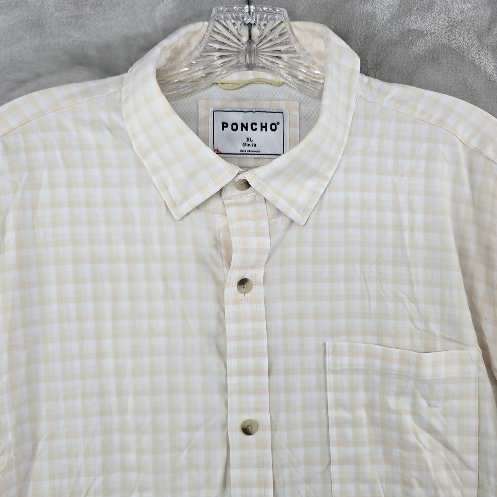 Poncho Outdoors Button Down Shirt Mens XL Tan Gingham Plaid Slim Fit Long Sleeve